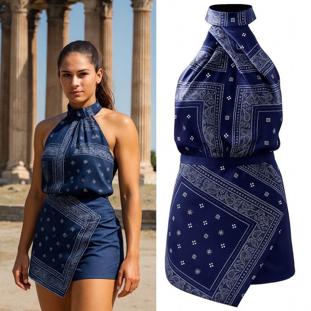 STYLESTALKER Blue Bandana Print‎ Halter Neck Asymmetrical Mini Dress Size M